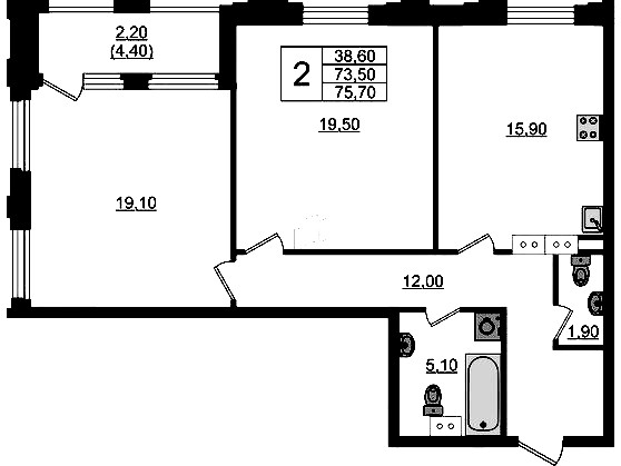 2-комнатная квартира 75.7 м², 4/13 эт., ЖК «Тайм Сквер»